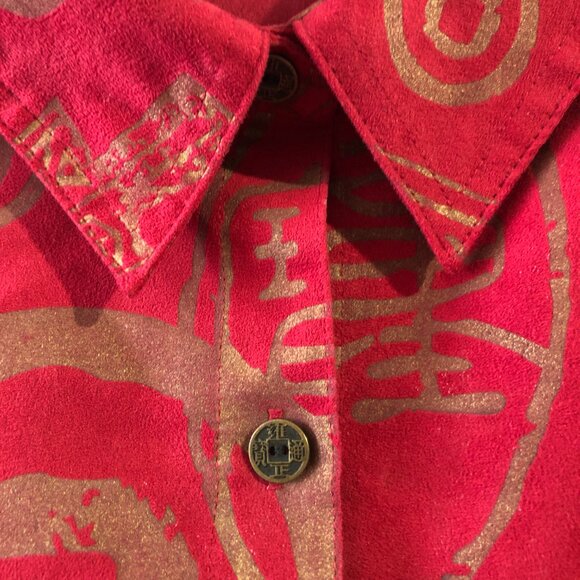 Chico's Design Sz 3 Red Long Sleeve Button Up Shirt Blazer Jacket Oriental Print - Picture 4 of 8